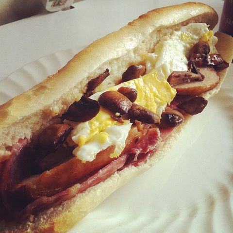 This should fill a hole! ;) #food #breakfast #baguette #instagram #iphoneography. Labelled hot dog.
