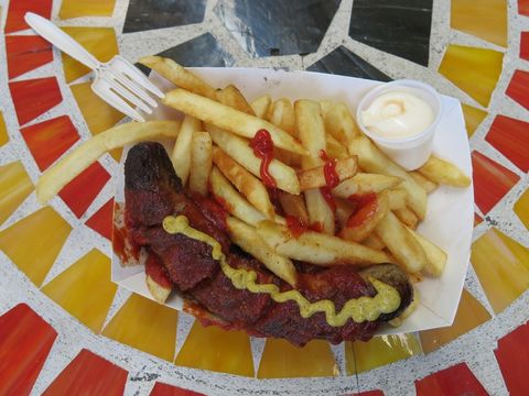Currywurst from Little Red Riding Truck at SoMa StrEat Food Park. Labelled not hot dog.