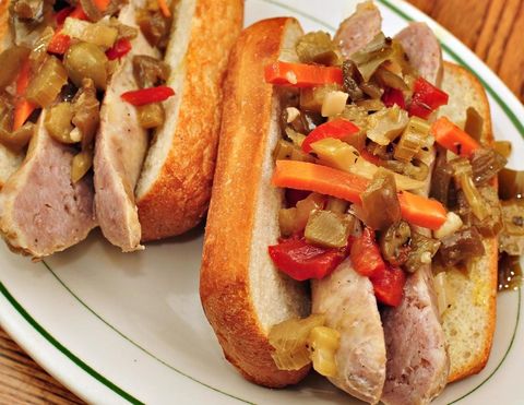 Mmm... boiled salameats with giardiniera. Labelled hot dog.